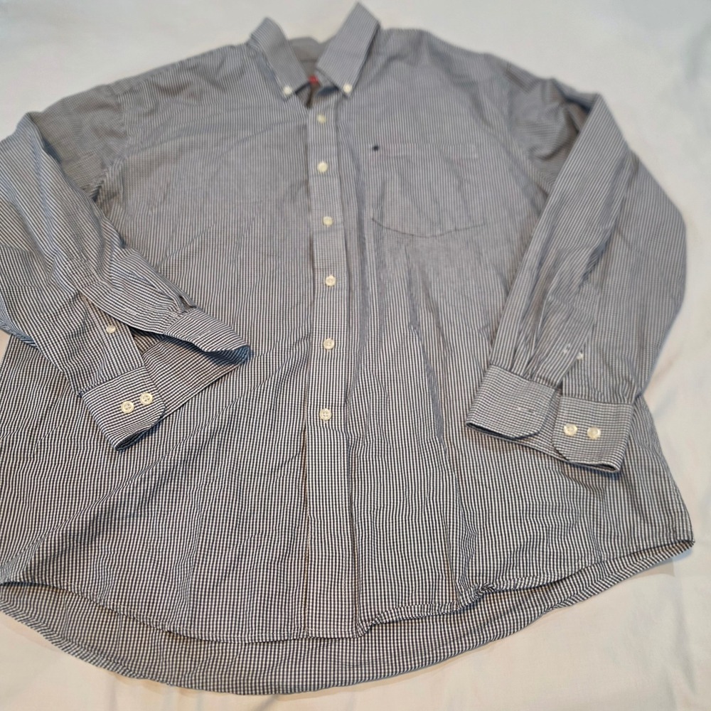 IZOD Button Down Shirt Mens XL Navy White Check Long Sleeve Excellent 4581957